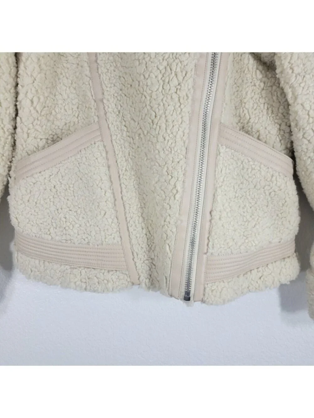 Abercrombie and Fitch Fleece Moto Jacket Women Small Faux Leather Beige Y2K 90s